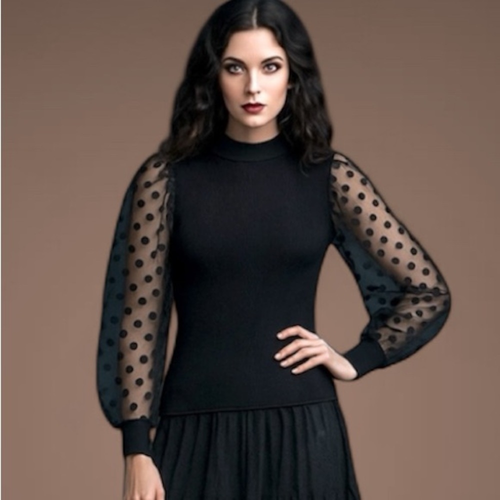 QED London Black Sweater with Sheer Polka Dot Sleeves